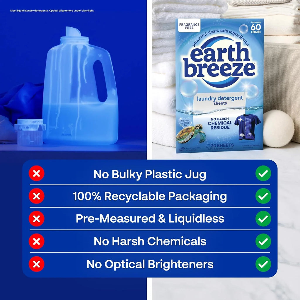 Earth Breeze Laundry Detergent Sheets Fragrance-Free 60 Loads